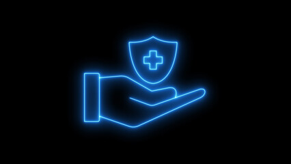 Glowing neon Hand Holding Medical Shield Icon on Black Background. Abstract healthcare, protection, safety icon for web or app design.