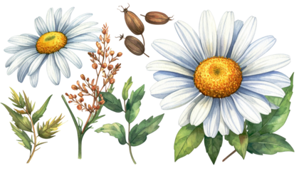 Watercolor daisies, leaves, and dried seed pods on a transparent background