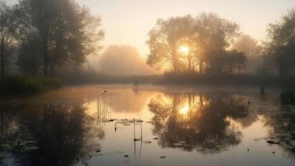 Fototapeta premium Misty Sunrise over a Pond