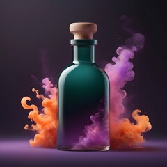 Elegant Emerald Glass Bottle with Wood Cork Amidst Vibrant Purple and Orange Ink Swirls on Dark Background