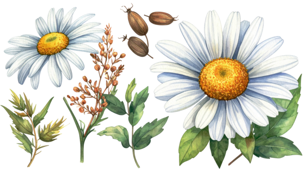 Watercolor daisies, leaves, and dried seed pods on a transparent background