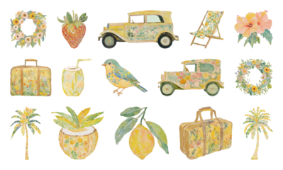 PNG Vintage floral travel icons collection, element set on transparent background