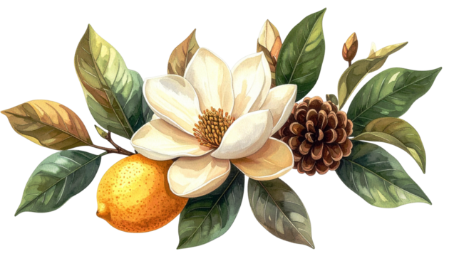 Floral watercolor illustration of a magnolia, lemon, and pinecone arrangement