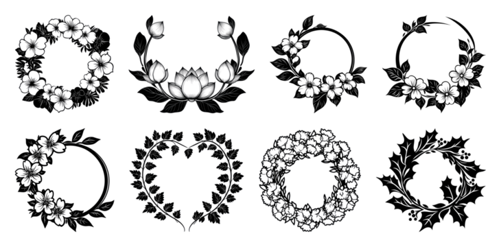 PNG Elegant floral wreath designs, element set on transparent background