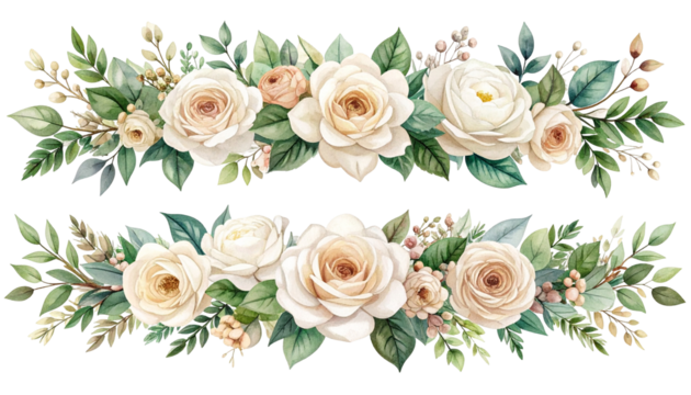 Two watercolor floral borders with creamy white and peach roses and greenery
