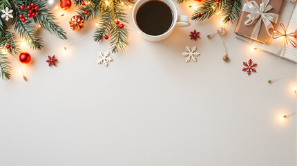 Flat lay Holiday concept Cozy Christmas Morning With Coffee Gifts and Decorations