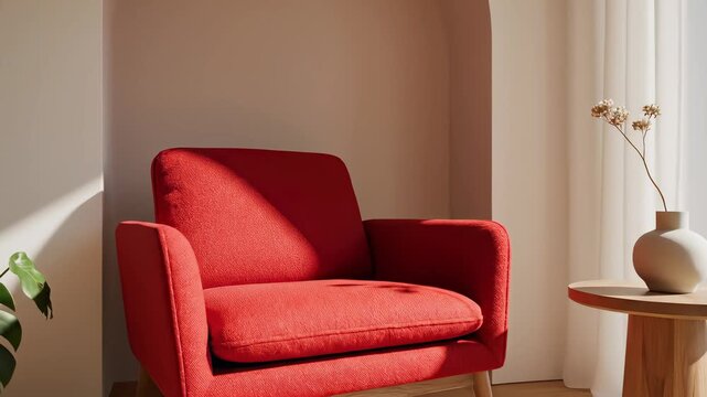 A red armchair situated cozily in a white corner of a room, framed by a window that casts a soft glow, evokes a sense of quiet contemplation and provides a thought provoking backdrop for.