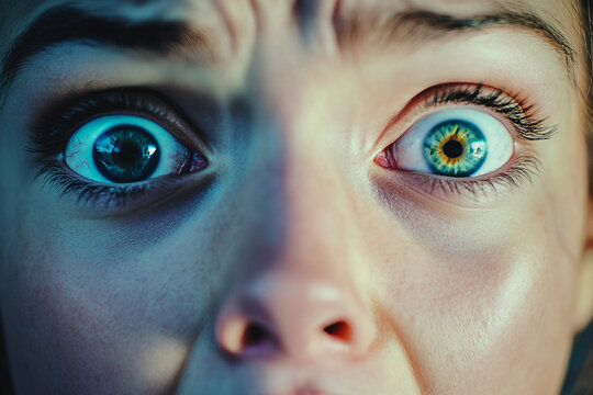 Person face closeup showing extreme shock and wide open eyes expressing strong surprise or fear emotion reaction generative ai