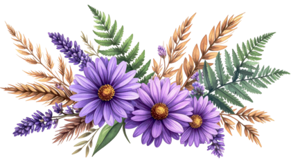 A floral arrangement showcasing purple daisies, lavender, and varying foliage