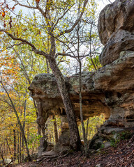 Double arch rock formation along the Trail Through Time hiking path at the Pickle Springs Natural Area in New Offenburg, MO close to Hawn State Park