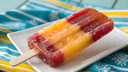 A glossy, handcrafted fruit popsicle—bursting with layers of vivid, natural hues tangy tangerine, juicy raspberry, and tropical pineapple