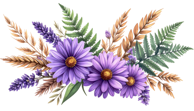 A floral arrangement showcasing purple daisies, lavender, and varying foliage