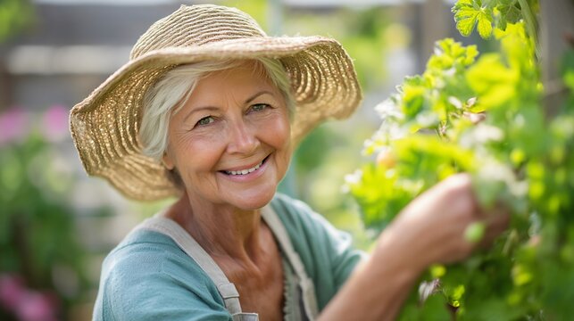 Boomer woman engaged in gardening with a sun hat embracing wellness and enjoyment of nature outdoors - Powered by Adobe
