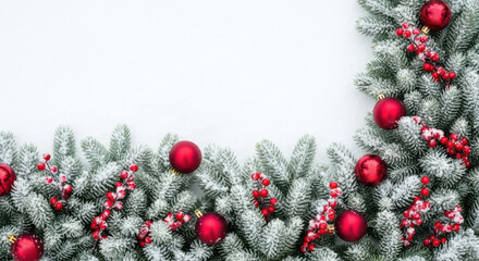 Evergreen Christmas wreath with red ornaments and snow background  