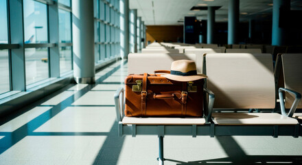 Vintage suitcase with hat resting on bench in modern airport terminal  
