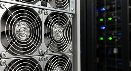 Server cooling system with metal fans and illuminated server units in background. Cooling system includes high-efficiency fans ensuring optimum temperatures,