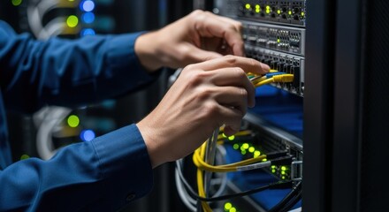 Network technician connecting cables in data center with server equipment and LED indicators. Network setup includes vibrant lights and organized connections for efficient communication.