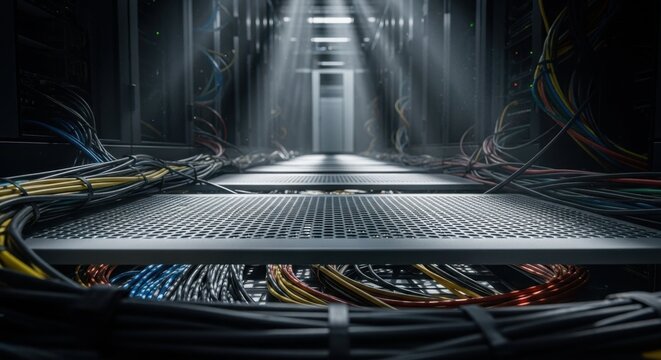 Data center interior with illuminated racks and cables emphasizing advanced technology. Data center design features intricate wiring and illuminated pathways for optimal efficiency.