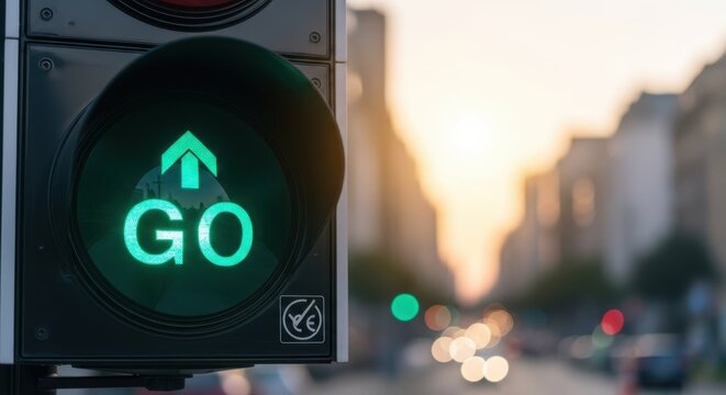 Green traffic light signaling go with urban background at sunset, demonstrating traffic control and safe driving. Urban environment illustrates importance of stoplight for safety.