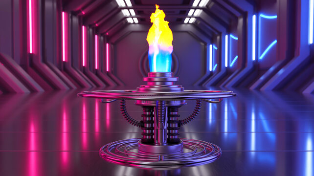 A futuristic sci-fi scene featuring a glowing blue flame torch mounted on a mechanical pedestal in a reflective metallic corridor