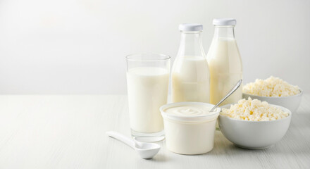 Dairy products including milk, yogurt, and cottage cheese on table  