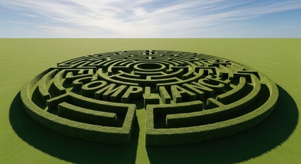Naklejka premium Compliance maze in green landscape with hedges and pathways, offering a conceptual view of challenges in regulations and compliance processes.