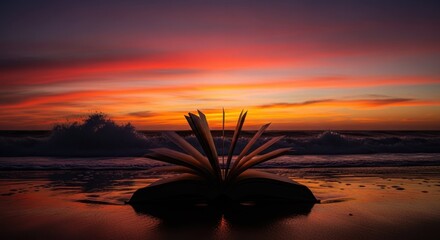 Stunning coastal sunset over ocean waves with rock formation resembling a flower sculpture. Sunset brings dramatic colors to beach landscape, enhancing natural beauty and serenity.