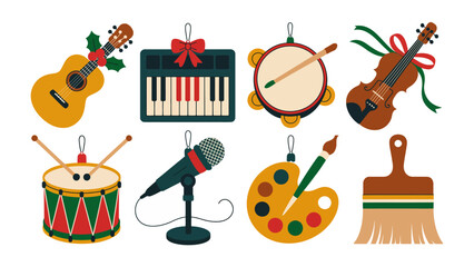 Orchestra of Art: A colorful collection of musical instruments and artistic tools. Celebrate music and art. A harmonious collection for creative individuals.