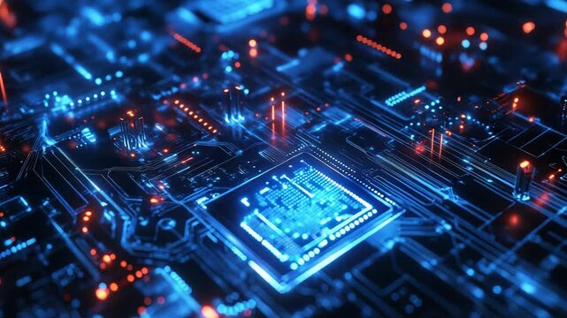 Digital circuit board with glowing processor and data flow
