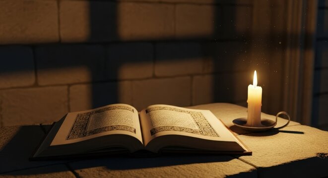 Open book with candlelight casting shadows on table in serene setting. Book presents intricate designs on pages, creating a tranquil atmosphere.