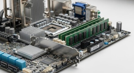 Computer motherboard with components like RAM, processor socket, and heat sink for building PCs. Motherboard features multiple ports, chipset, and slots for RAM and expansion cards.