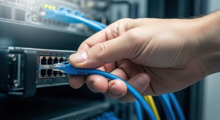 Hand connecting blue Ethernet cable to network router in server room with multiple cables and switches. Networking setup includes various colored cables and devices for establishing connections.