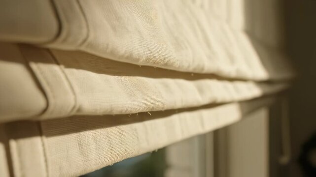 Roman Style Window Blind Design Concept for Calmness, Serenity, or Introspection in 4K UHD Close Up A serene window treatment focal point captures the essence of refinement and subtlety.