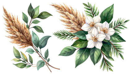 Watercolor floral arrangement with white flowers, pampas grass, & greenery