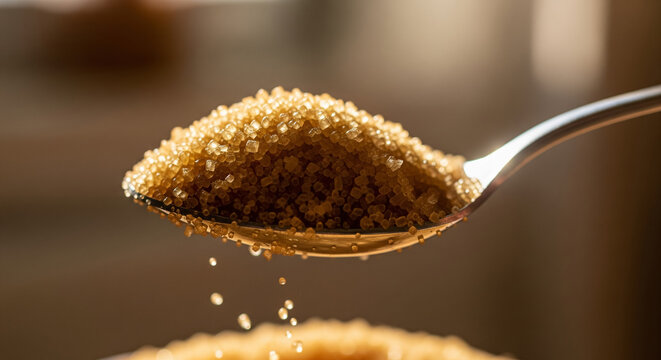 Brown Sugar Falling From Spoon in Warm Light