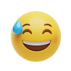 Fototapeta premium Yellow emoji face with blue sweat drop and wide smile emoticon