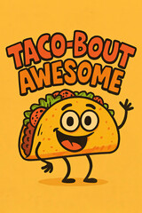 Taco-Bout Awesome! Cheerful retro cartoon happy anthropomorphic taco waving, walking. Fun, cute, humorous graphic celebrating Mexican food, delicious awesome vibes for foodies & pun lovers.