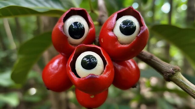 Guarana Fruit Cluster On Vine, Bright Red Shells With Black Seeds In Amazon Rainforest

