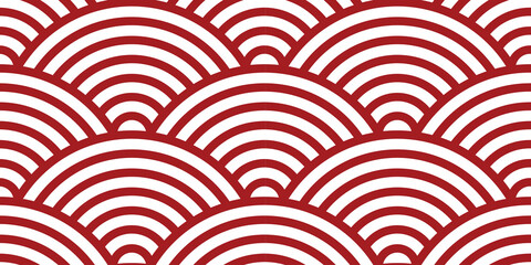 Red seamless wave pattern, geometric semicircle stripes, japanese seigaiha design, modern vector repeat for textile and prints.