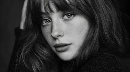 Captivating portrait of a young woman with striking eyes and delicate freckles, exuding natural beauty and thoughtful contemplation.