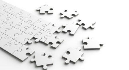 White puzzle pieces scattered on clean surface with incomplete jigsaw layout. Puzzle pieces display intricate design with empty spaces waiting for completion.