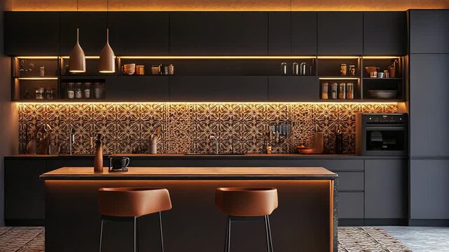 Modern kitchen interior featuring ambient dark lighting design