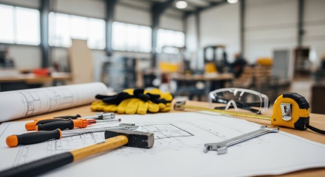 Tools and blueprints arranged on workbench in workshop with safety goggles and gloves highlighting construction equipment. Tools used for building projects show attention to detail in craft work.