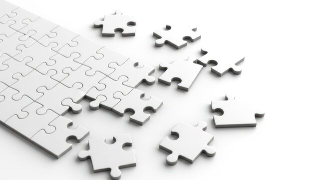 White puzzle pieces scattered on clean surface with incomplete jigsaw layout. Puzzle pieces display intricate design with empty spaces waiting for completion.