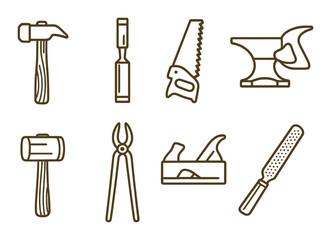 Fototapeta premium Collection of hand tools outline on yellow background