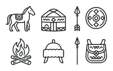 Mongolian culture icons: horse, yurt, spear, shield, campfire, hat, bag on brown background
