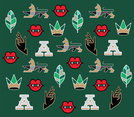 
The minimalist royal pattern on a green background contains stylized images: a lion's face, red lips with fangs, a tree leaf, a crown, the letter "A" and a hand with a complex finger gesture.