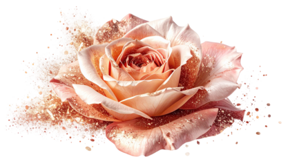 A close-up of a blossoming peach rose with glistening glitter accents