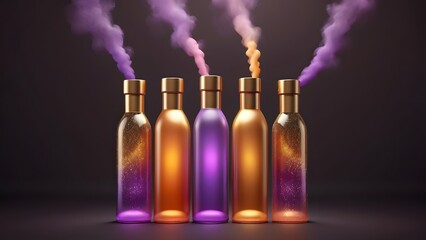 Five Elegant Gradient Bottles with Golden Caps Emitting Vibrant Colorful Smoke and Shimmering Liquids on a Dark Studio Background