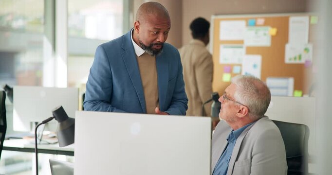 Business men, training and meeting with computer for blog idea, inspiration or insight in office. Mature people, mentor and copywriter with article, problem solving and brainstorming in startup